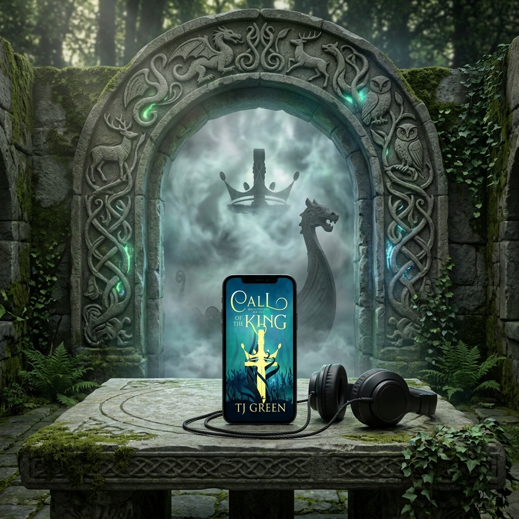A smartphone displaying the book cover for 'Callo of the King' by TJ Green is placed on a mossy stone bench, with black over-ear headphones beside it. The setting is a fantasy stone archway in a forest with mist, glowing green runes, and Viking-style carvings.