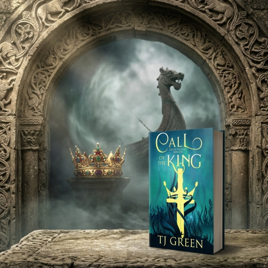 Book cover for 'Call of the King' by TJ Green, displayed on a stone ledge in front of a carved stone archway with a Viking longship and a golden crown in the background.
