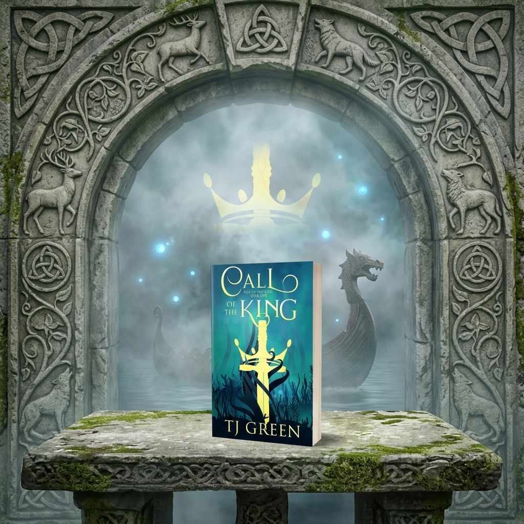 Book cover for 'Call of the King' by TJ Green, displayed on a mossy stone table in front of a carved stone archway with Viking longboats and a glowing crown in the misty background.