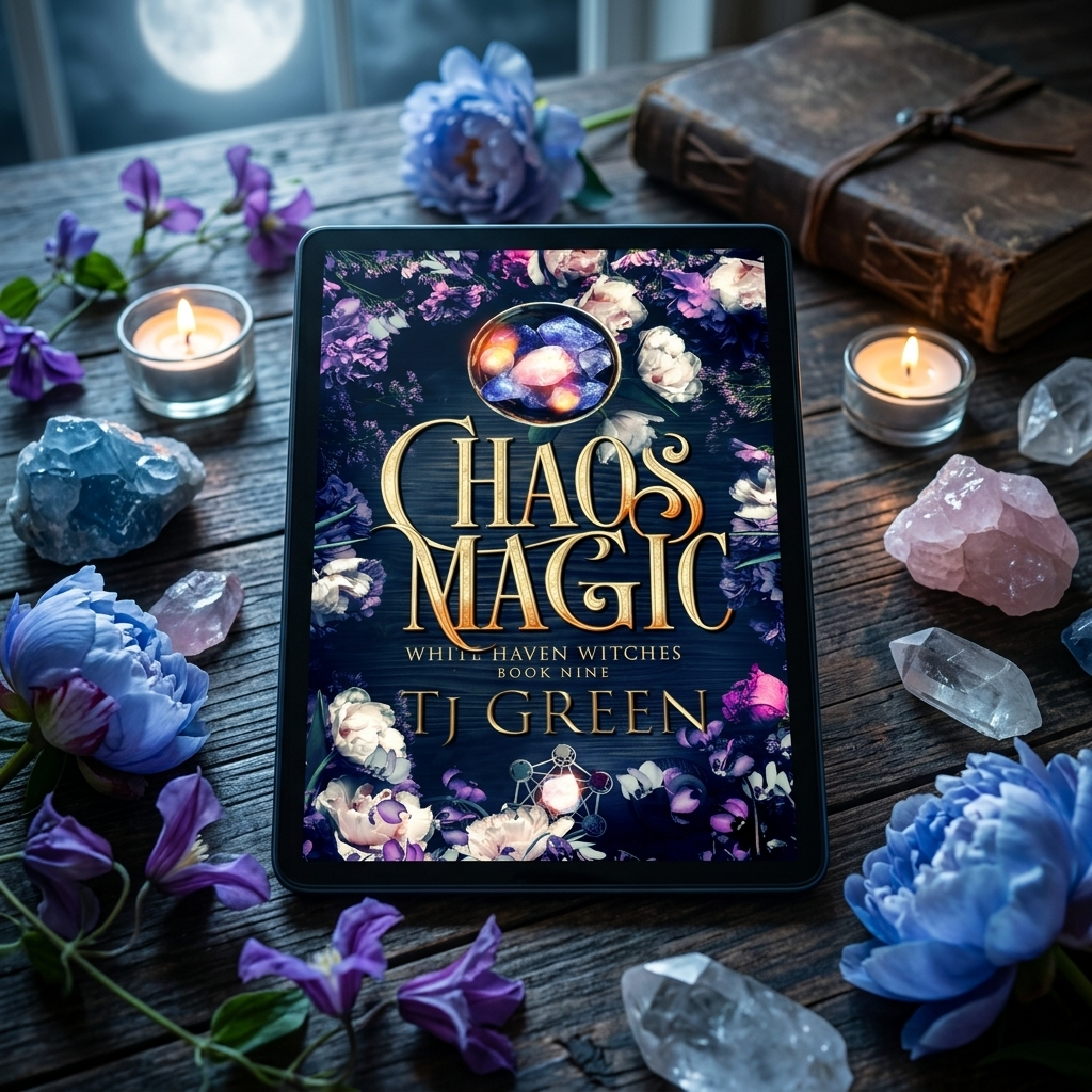E-reader displaying 'Chaos Magic' by T.J. Green on a wooden table with flowers and candles.
