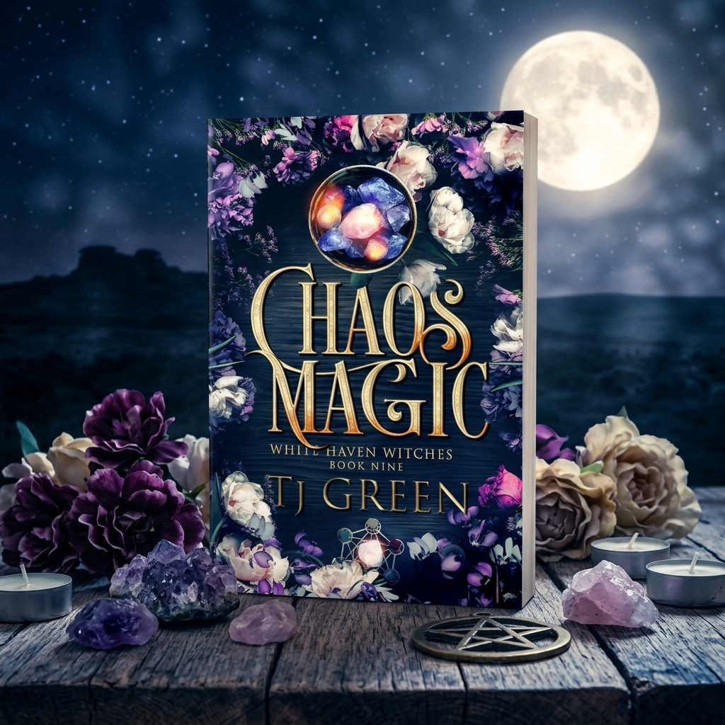 Book titled 'Chaos Magic' by T.J. Green with a mystical cover design on a wooden table with flowers and candles.