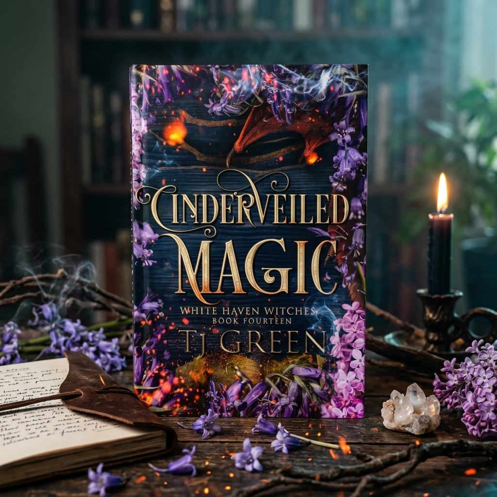 Book titled 'Cinderveiled Magic' by Elise Green on a mystical background with flowers and candles.