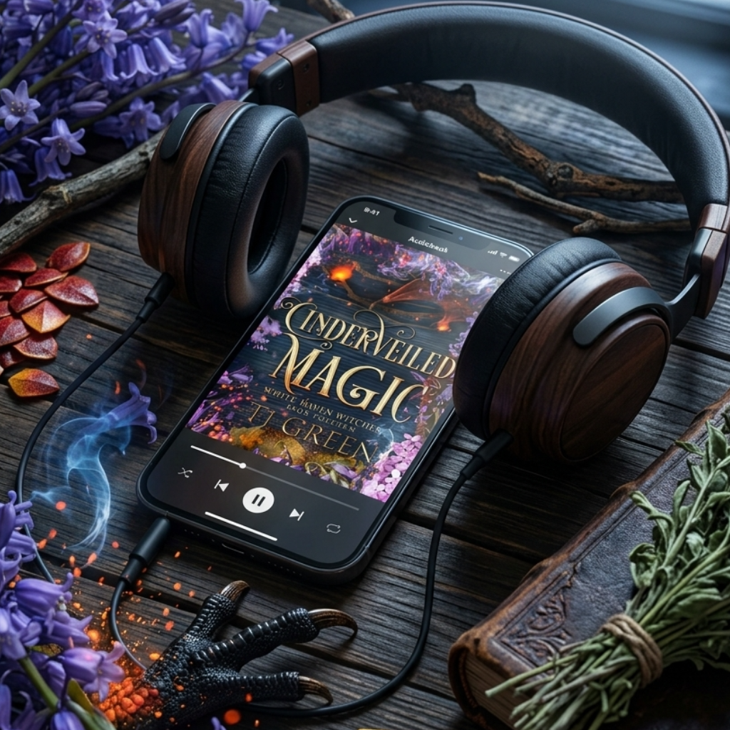 Headphones and smartphone with 'Underlined Magic' book cover displayed on a wooden surface with lavender and herbs.