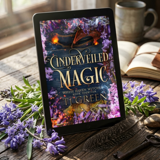 Tablet displaying 'Cinderedveiled Magic' on a wooden surface with lavender and a mug.