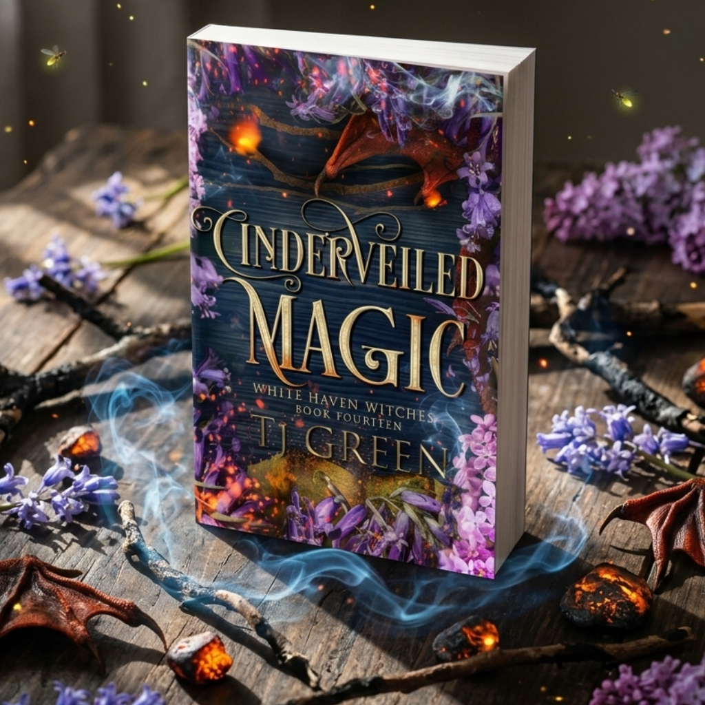 Book titled 'Undeceived Magic' surrounded by flowers and magical elements on a wooden surface.