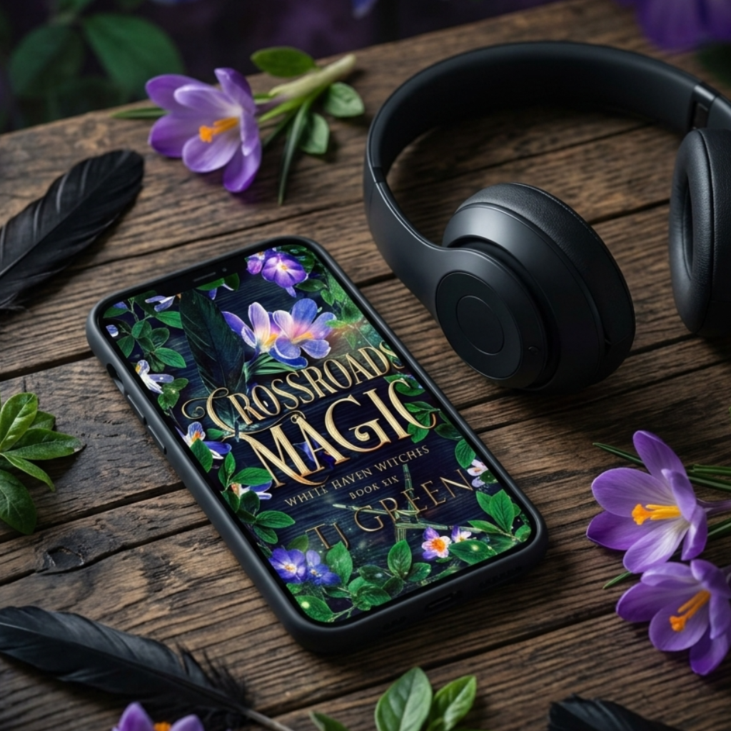 Phone with 'Crossroads Magic' book cover, headphones, and flowers on a wooden surface