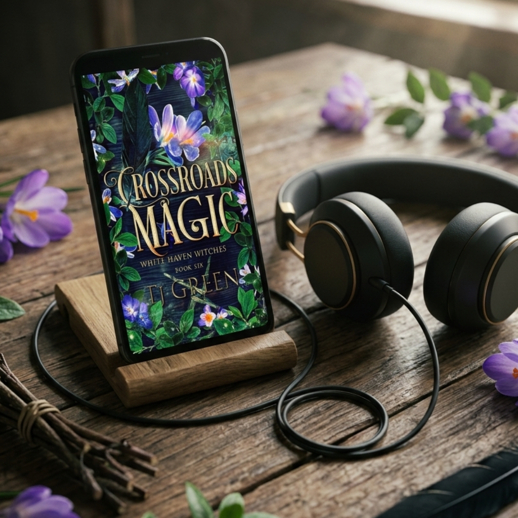 Phone displaying 'Crossroads Magic' book cover with headphones and flowers on a wooden surface