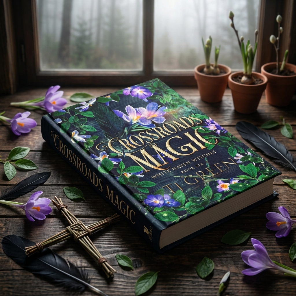 Book titled 'Crossroads Magic' on a wooden surface with flowers and plants.