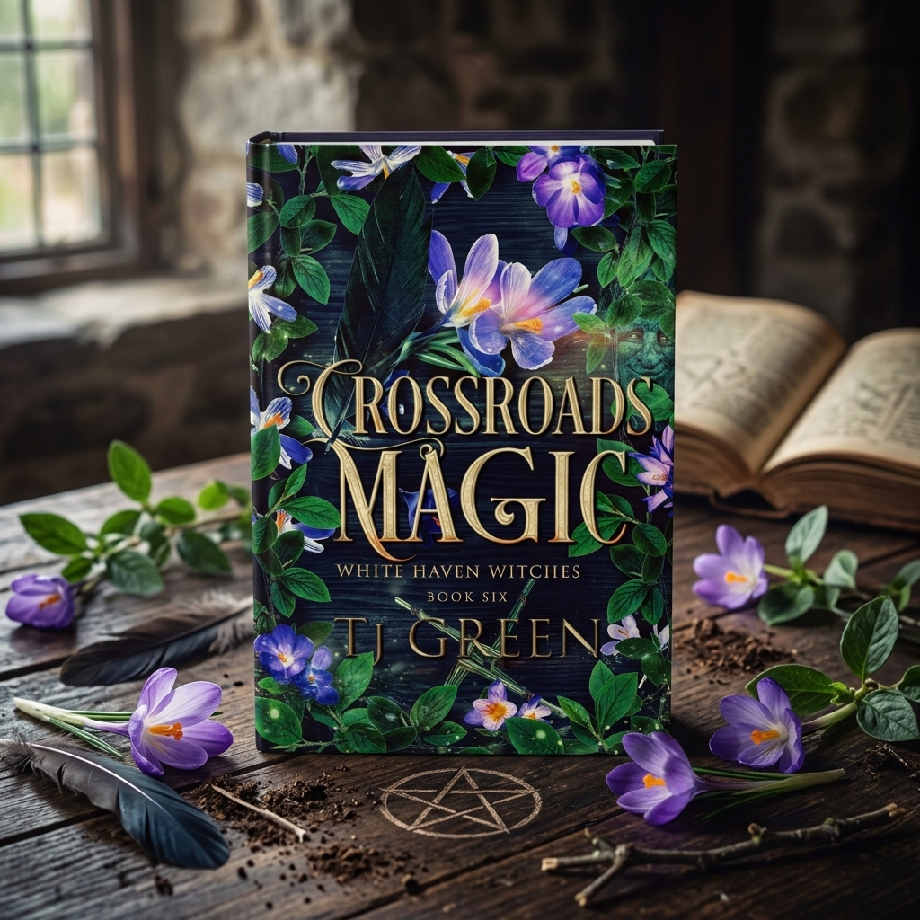 Book titled 'Crossroads Magic' by TI Green on a wooden surface with flowers and an open book in the background.