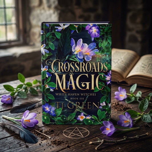 Book titled 'Crossroads Magic' by TI Green on a wooden surface with flowers and an open book in the background.