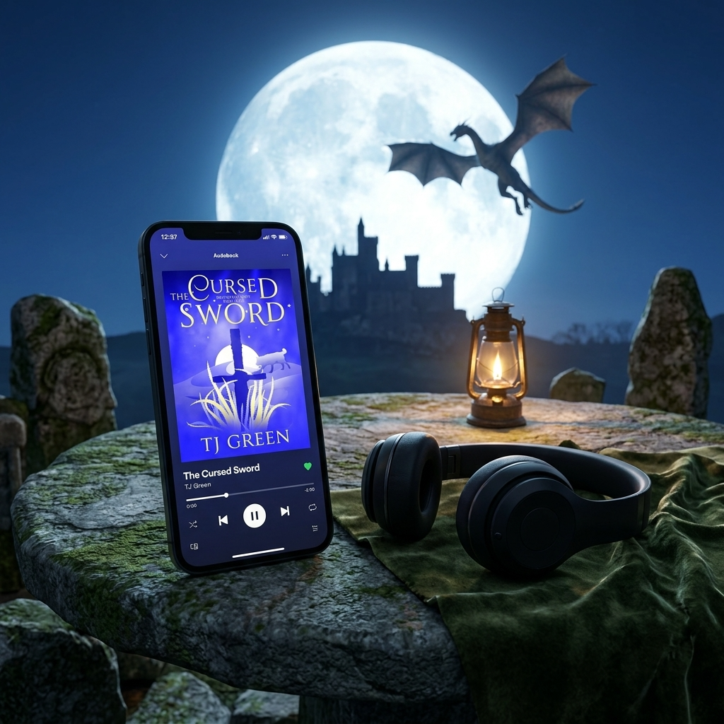 Cursed Sword audiobook on a phone with headphones on a stone table under a full moon. A dragon flies over the moon.