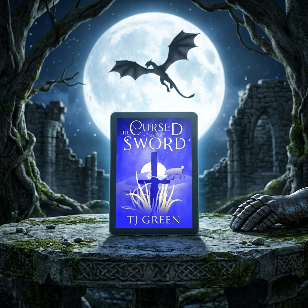 A book cover for 'Cursed the Sword' by TJ Green is displayed upright on a stone table in a fantasy scene. The cover is blue and purple with a sword and wolf illustration.