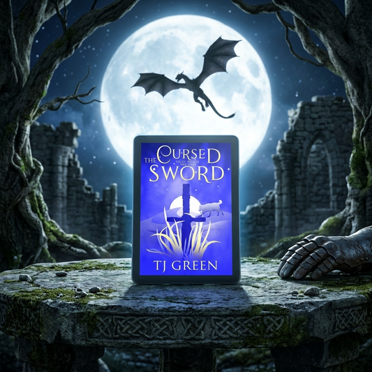 A book cover for 'Cursed the Sword' by TJ Green is displayed upright on a stone table in a fantasy scene. The cover is blue and purple with a sword and wolf illustration.