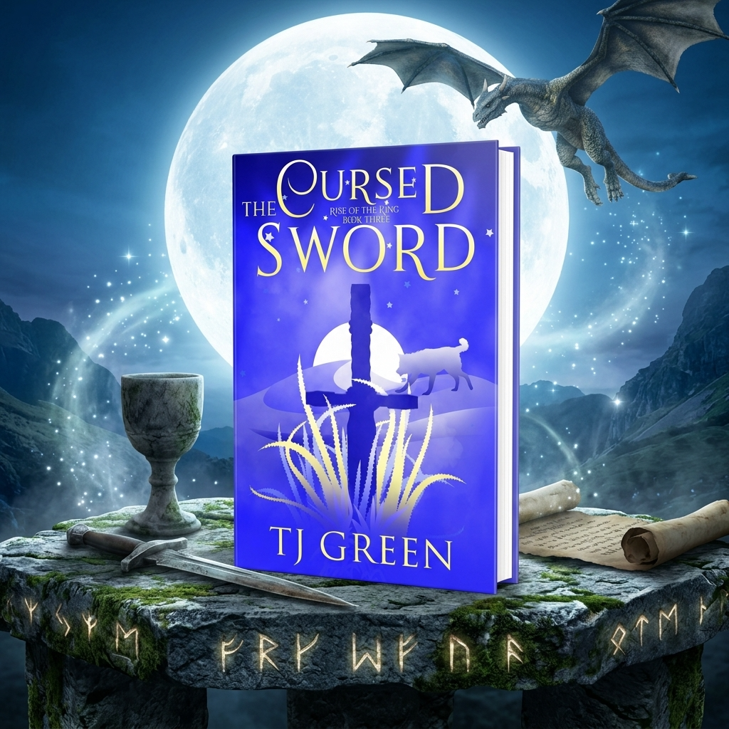 Book cover for 'The Cursed Sword' by TJ Green, shown as a 3D mockup on a stone table with a goblet, scroll, and sword, set against a fantasy background of a full moon, mountains, and a dragon.