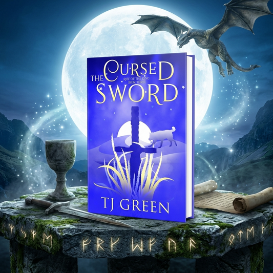Book cover for 'The Cursed Sword' by TJ Green, shown as a 3D mockup on a stone table with a goblet, scroll, and sword, set against a fantasy background of a full moon, mountains, and a dragon.