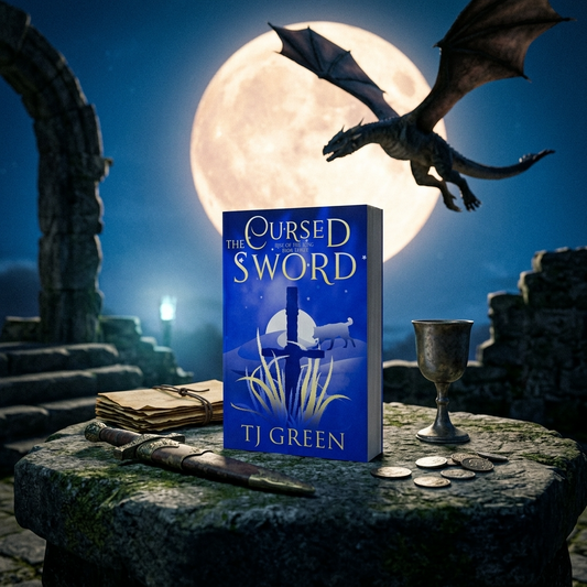A fantasy book titled "Cursed with the Sword" by TJ Green stands on a stone table in a moonlit scene with a dragon flying in the background, alongside a dagger, coins, a cup, and old papers.