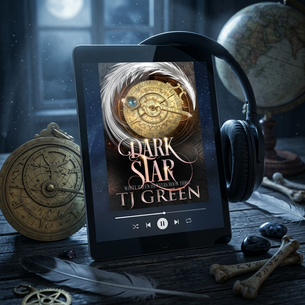 dark star audiobook with headphones beneath the moon on a desk