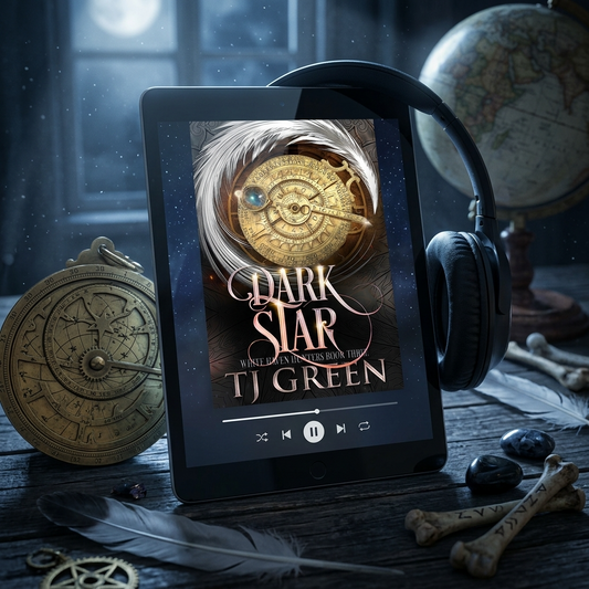dark star audiobook with headphones beneath the moon on a desk