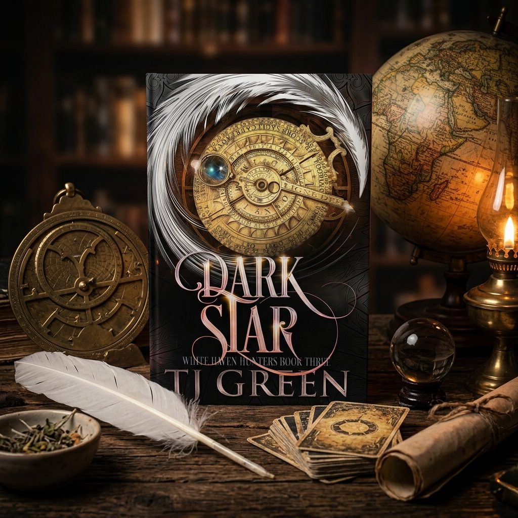 Dark Star book, with a golden astrolabe on the cover, is on a desk next to an astrolabe, a globe and a feather.
