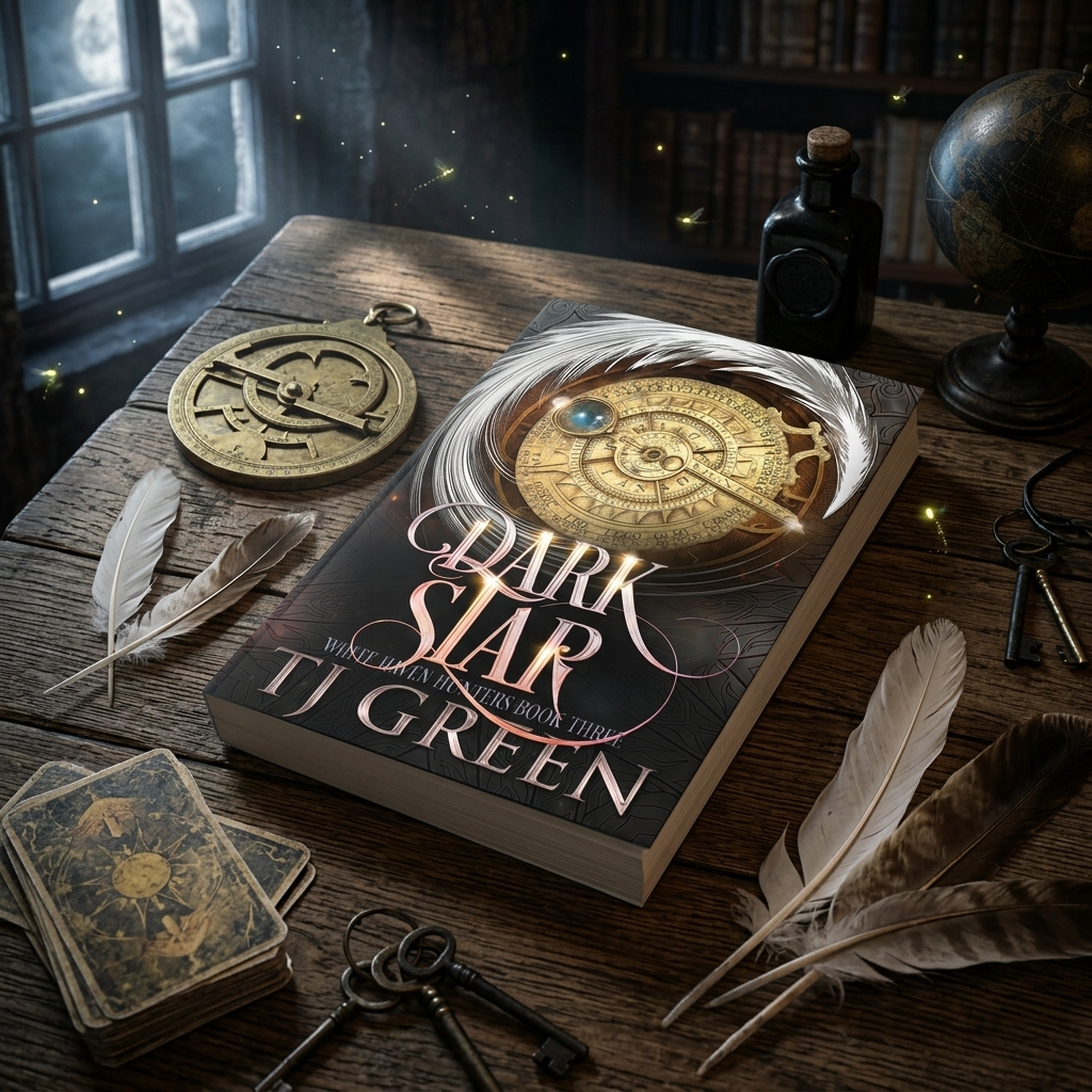 dark star book on wooden table under moonlight with an astrolabe