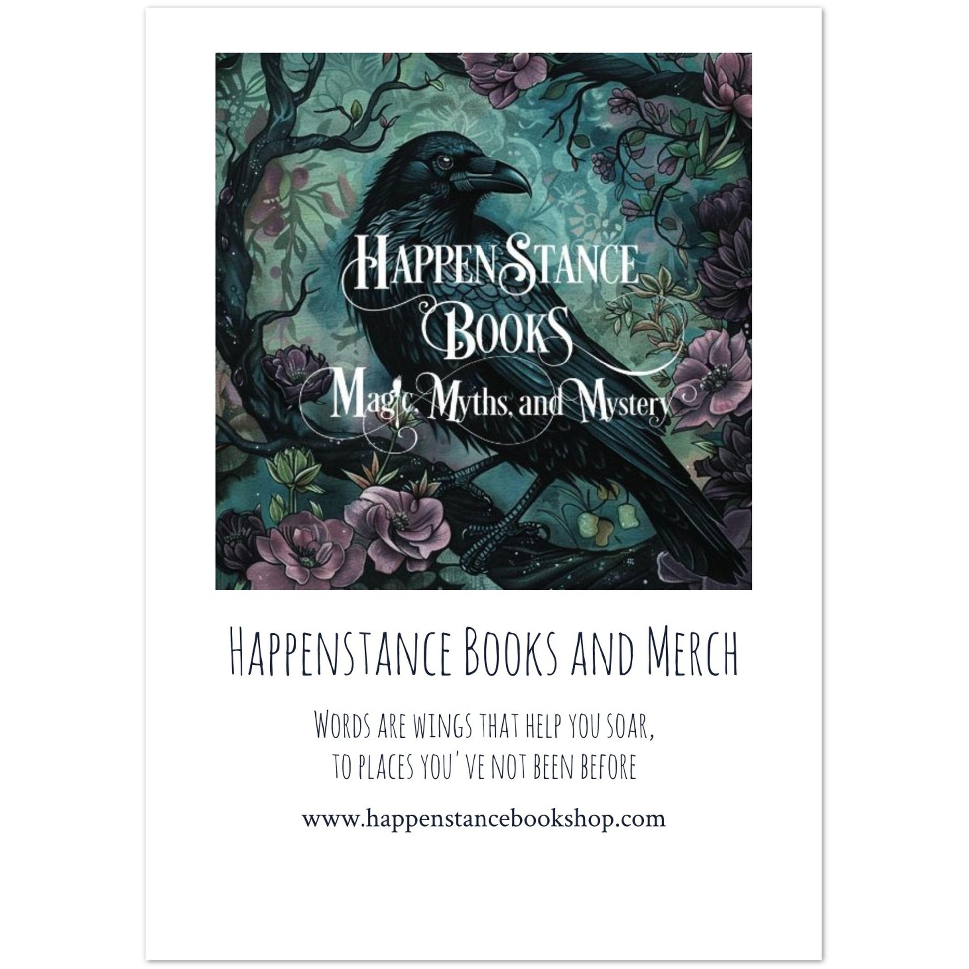 Book cover with a crow and floral design, featuring the text 'Happenstance Books and Merch'.