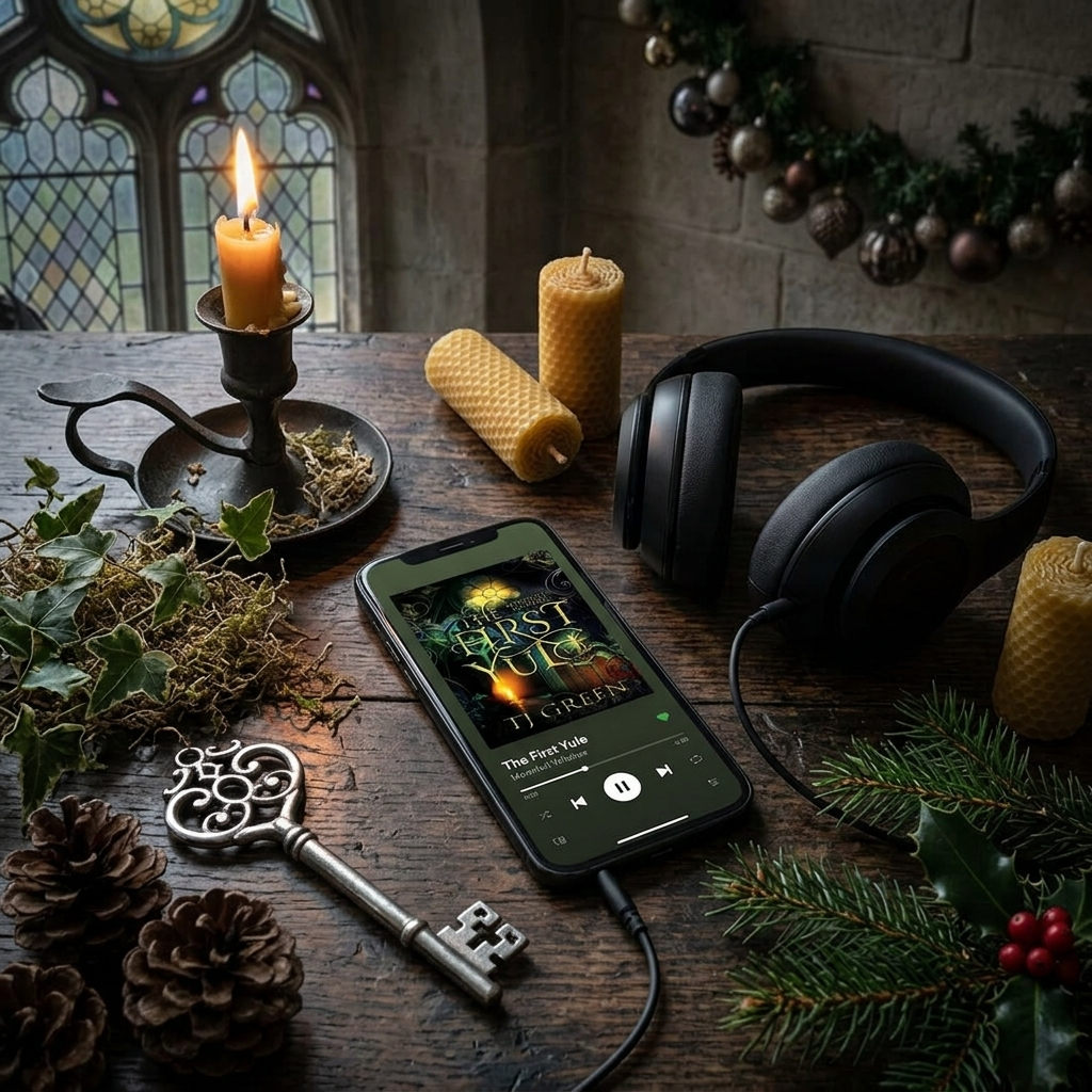 Phone with music app open, headphones, candles, and decorative items on a wooden table.