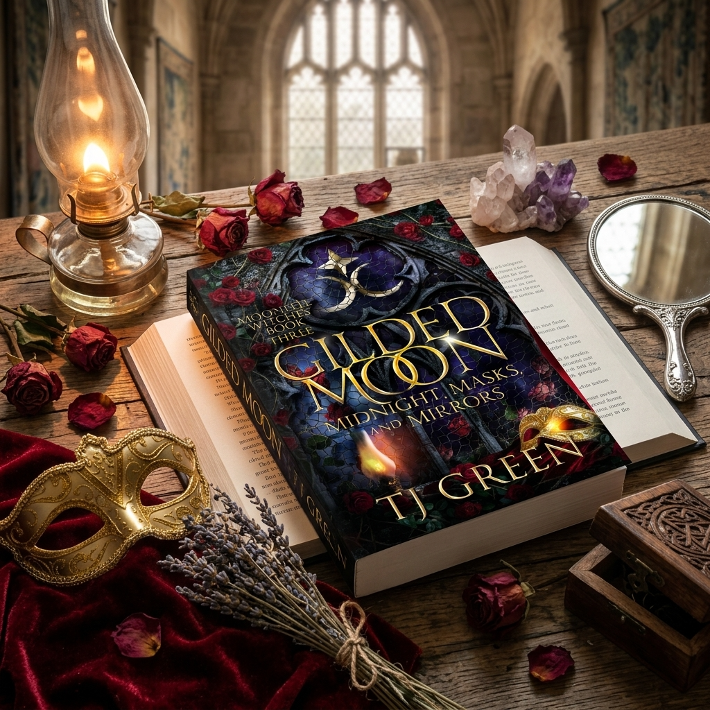 Book titled 'The Guided Moon' by TJ Green on a wooden table with decorative items.