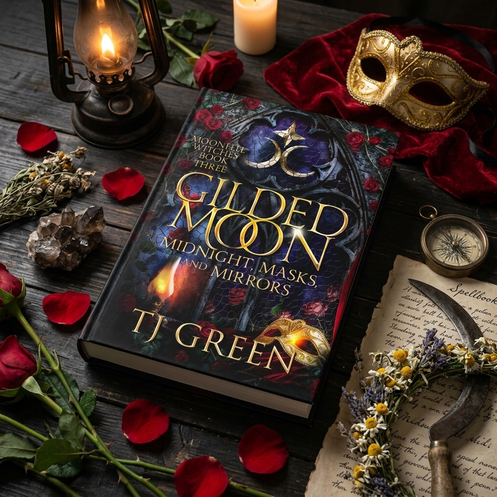 Book titled 'Gilded Moon: Midnight, Masks, and Mirrors' by TJ Green on a wooden surface with candles, roses, and a mask.