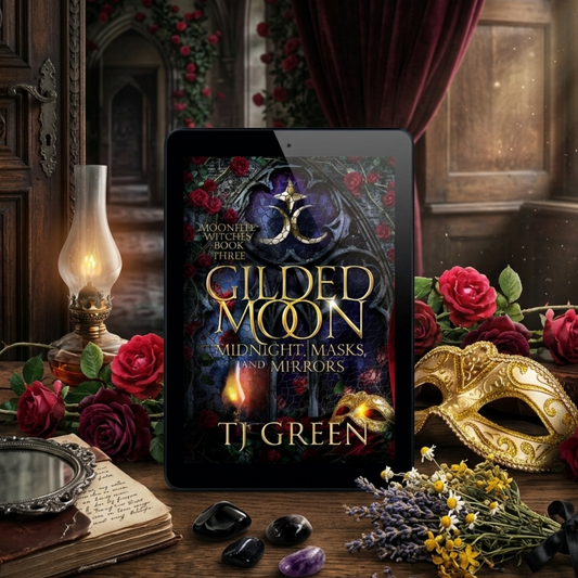 Book cover of 'Gilded Moon' by TJ Green on a table with flowers and a mask.