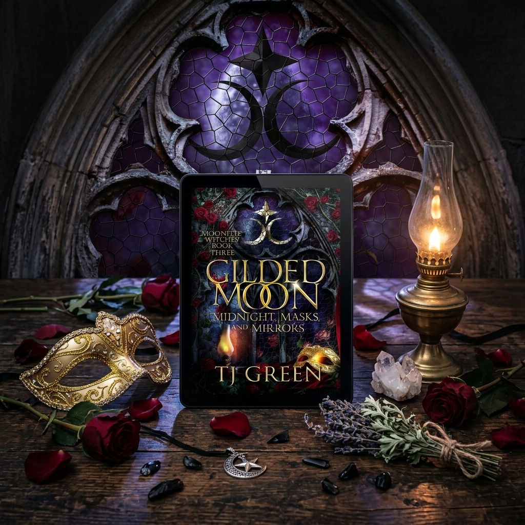 Book titled 'Gilded Moon' by TJ Green with a mystical setting featuring a mask, roses, and a lantern.