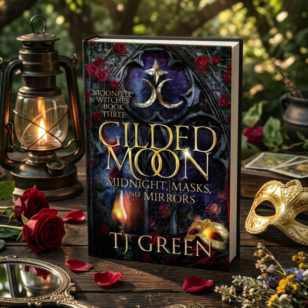 Book titled 'Gilded Moon' by TJ Green with mystical props on a wooden surface.