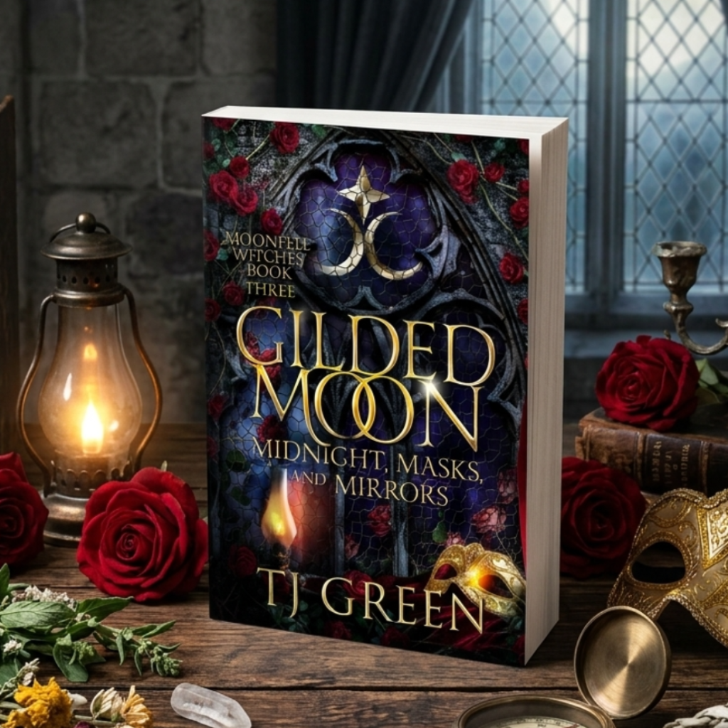Book titled 'Gilded Moon' by TJ Green on a wooden table with candles, roses, and a mask.