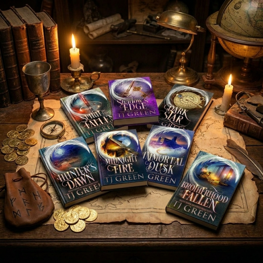Collection of books by TJ Green on a wooden table with candles and a globe