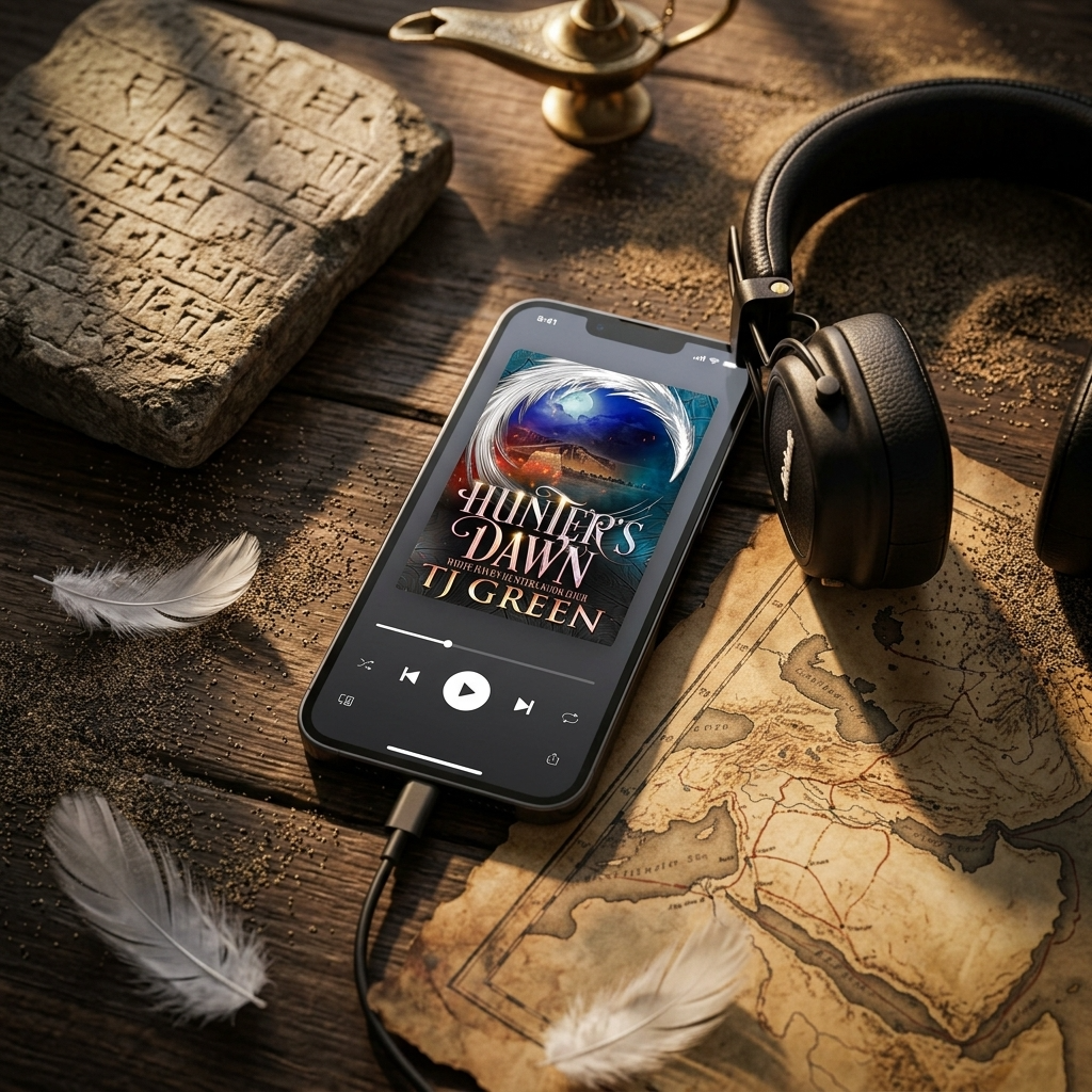 A smartphone lying on a wooden surface, connected to a black over-ear headset, with a music player screen showing the album art for TJ Green's 'Hunter's Dawn'. The scene is styled with an old map, feathers, a stone tablet, and a miniature lamp.