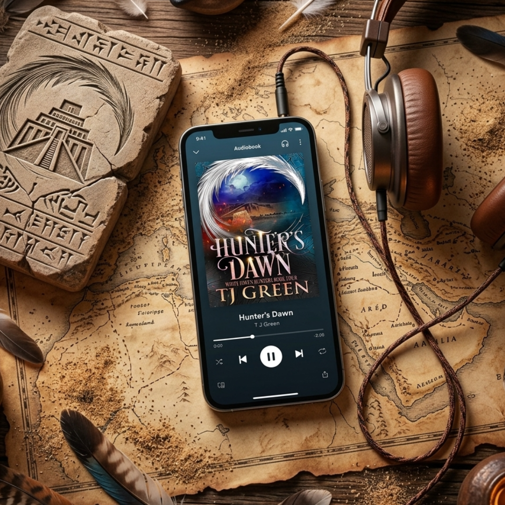 A smartphone lying on an aged parchment map, surrounded by feathers, candles, headphones, and a carved stone in a styled flat-lay arrangement. The phone screen shows the book cover for 'Hunter's Dawn' by Ti Green.