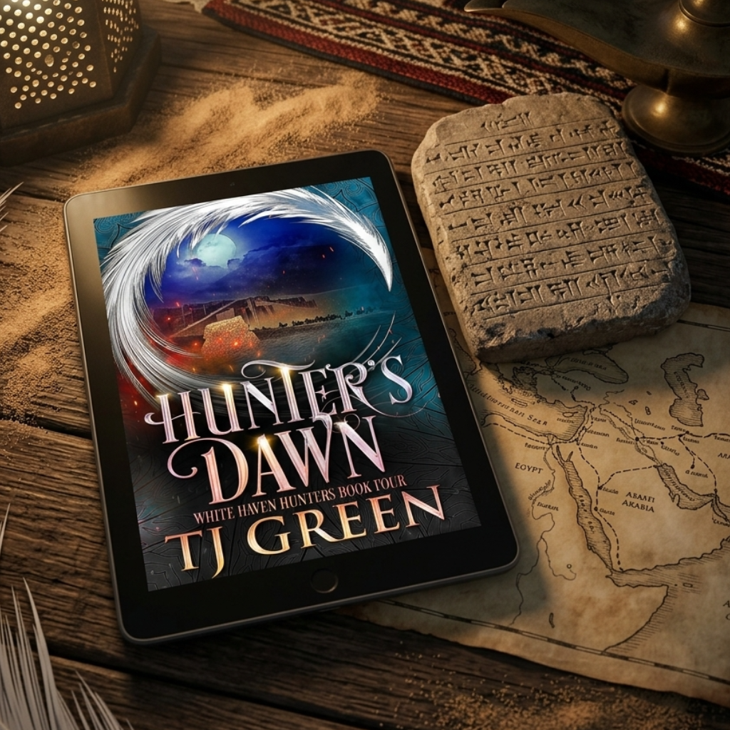 A tablet displaying the book cover of 'Hunter's Dawn' by TJ Green, styled on a rustic wooden table next to an ancient stone tablet and a map.