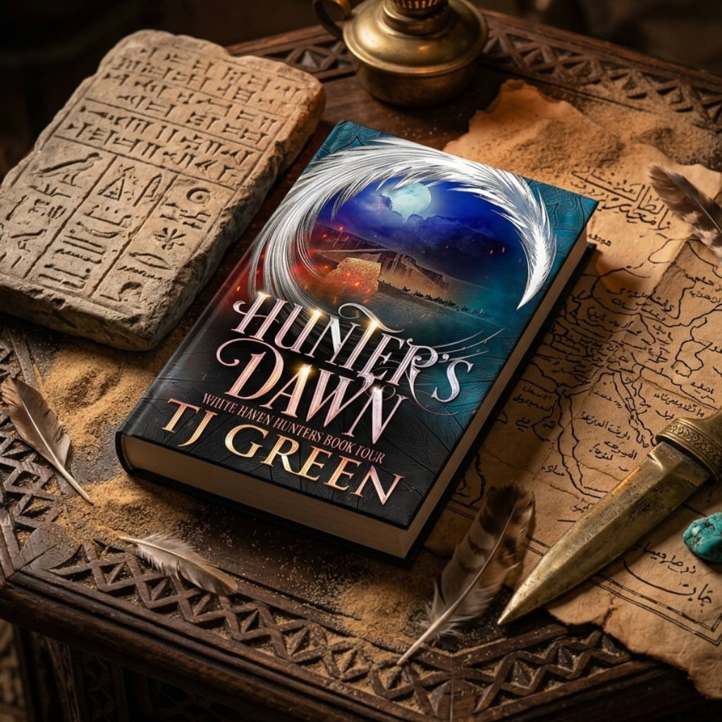 A book titled "Hunter's Dawn" by TJ Green is displayed on a carved wooden table with parchment maps, a dagger, feathers, and a glowing oil lamp. The book cover features a dark blue and black fantasy design with a glowing moon and a figure in armor.