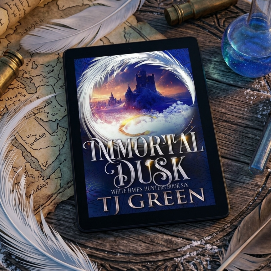 A tablet displaying the book cover for 'Immortal Dusk' by TJ Green, styled in a fantasy-themed flat lay with a feather, map, bottles, and a small blue glass vial on a wooden surface.
