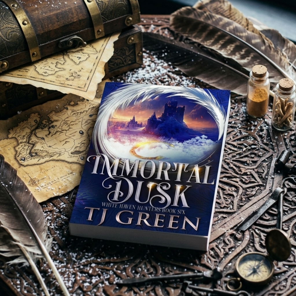 immortal dusk paperback on a wooden table with feathers, maps, and snow