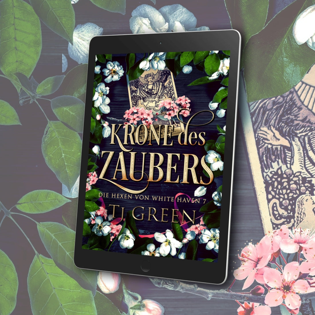 E-reader displaying a book cover with floral design on a leafy background Paranormale Fantasy, Hexen Fantasy, Magie,supernaturall.