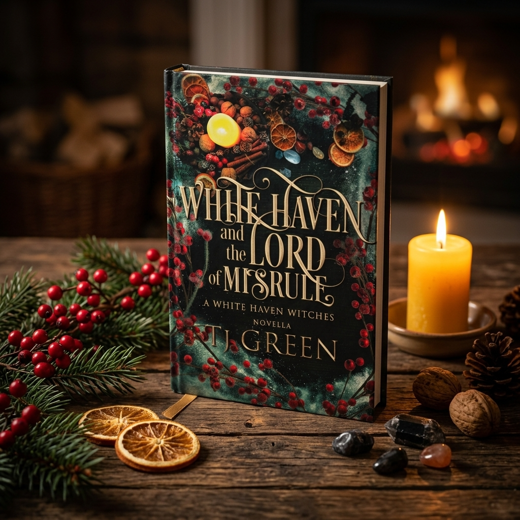 Book titled 'White Haven and the Lord of Misrule' by J.L. Green on a wooden surface with candles and decorations.