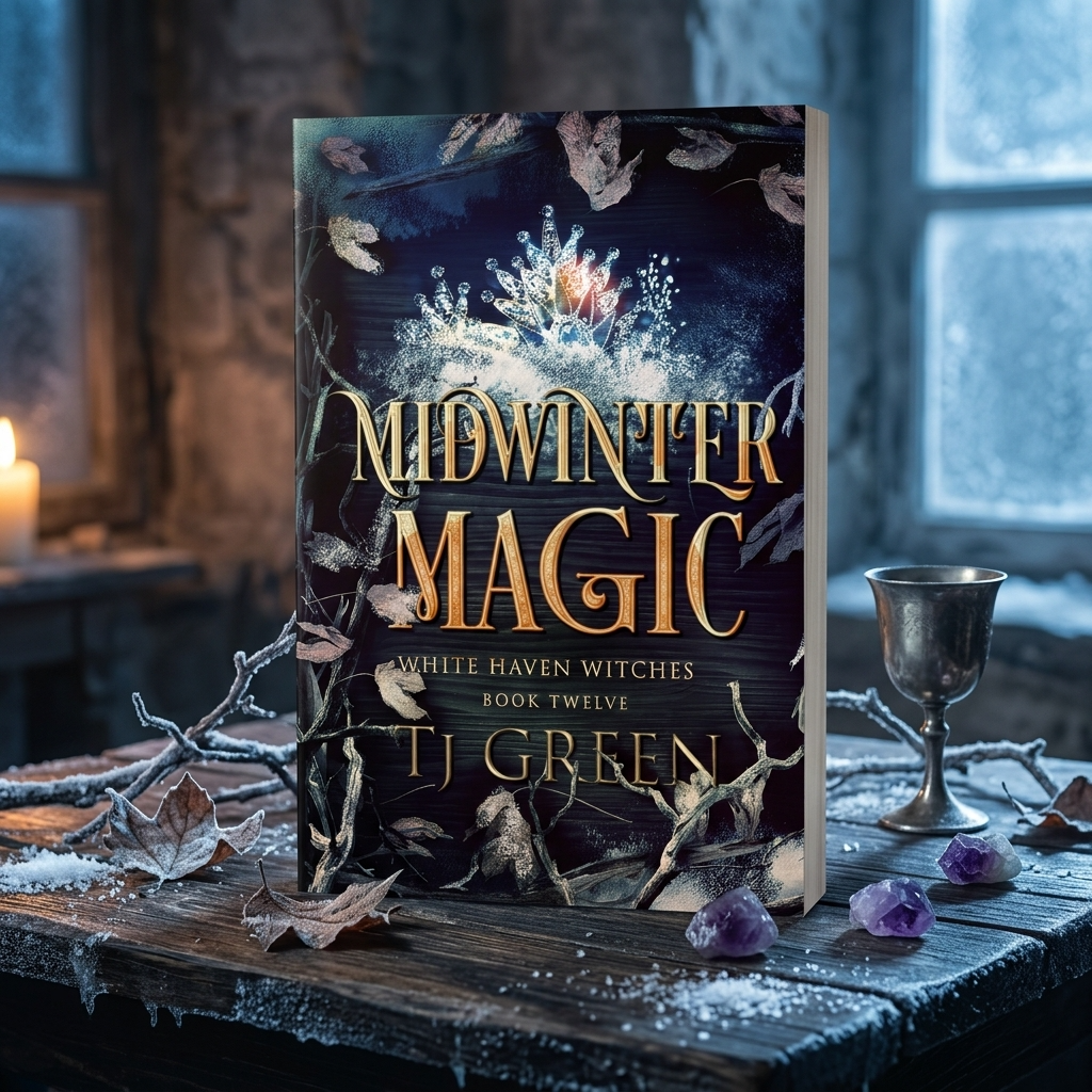 Book titled 'Midwinter Magic' by TJ Green on a wooden surface with decorative elements.