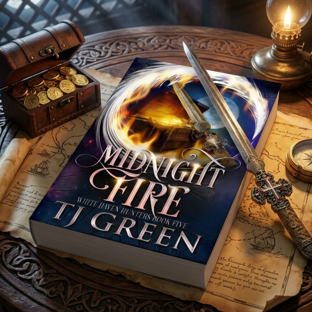 midnight fire book on a map with templar treasure and a sword