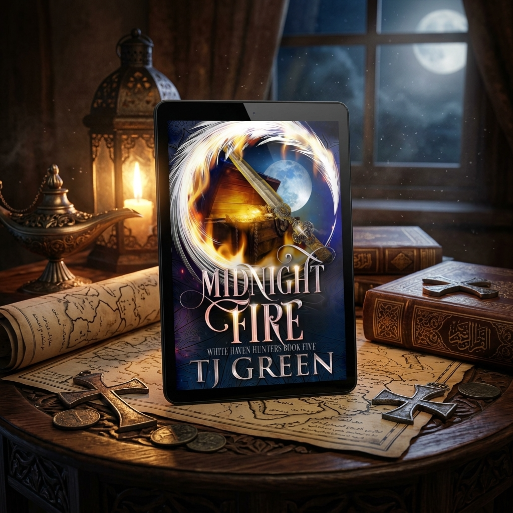 midnight fire ebook is on map, with moonlight coming through a window.