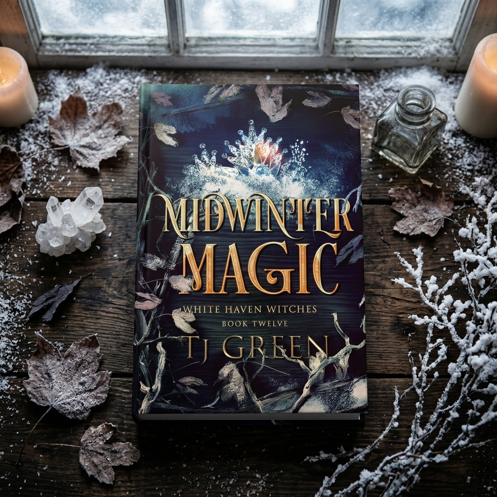 Book titled 'Midwinter Magic' by T.J. Green on a wooden surface with winter decorations.