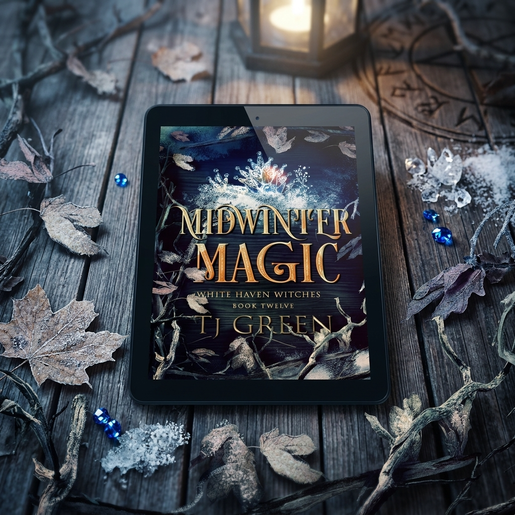 E-reader displaying 'Midwinter Magic' on a wooden surface with leaves and a candle.