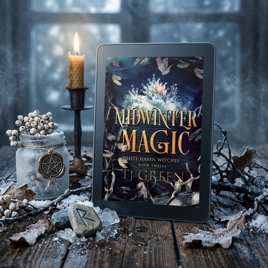 E-reader displaying 'Midwinter Magic' with a candle and jar on a wooden surface