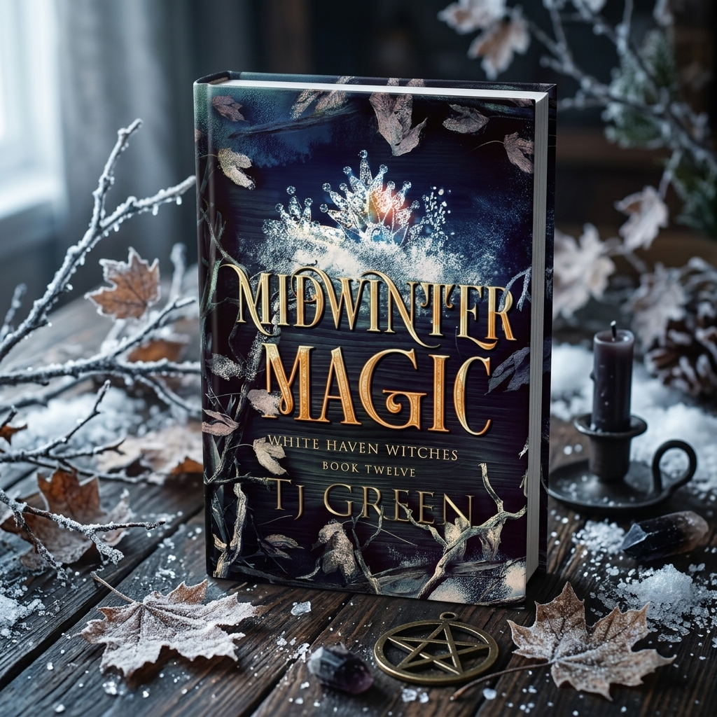 Book titled 'Midwinter Magic' by T.J. Green on a snowy surface with leaves and a candle.