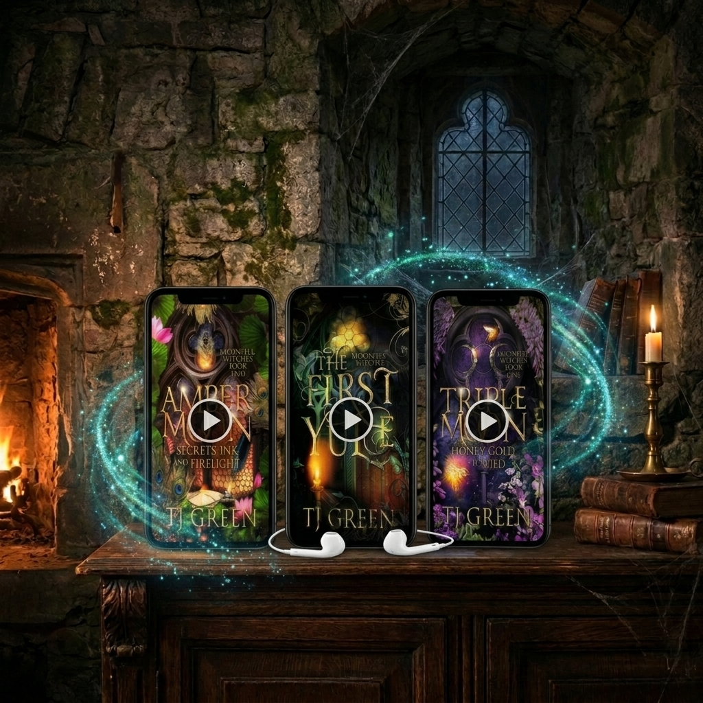 Three smartphones displaying fantasy book covers by TJ Green are arranged on a wooden table in a dark stone room with a fireplace, candle, and glowing magical effects. White earbuds rest in front of the phones.