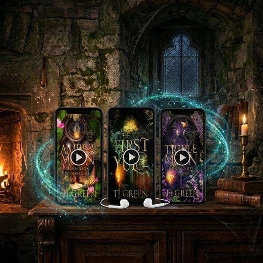 Three smartphones displaying fantasy book covers by TJ Green are arranged on a wooden table in a dark stone room with a fireplace, candle, and glowing magical effects. White earbuds rest in front of the phones.